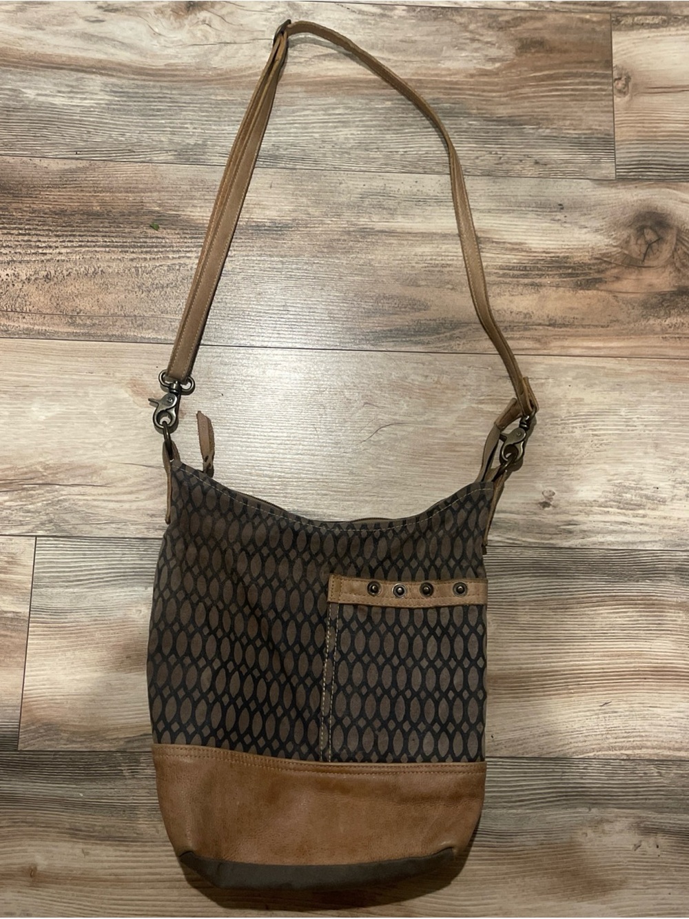 Myra Bag Honey Bee Upcycled Canvas & Leather Shoulder Bag Purse Boho Tan Tribal
